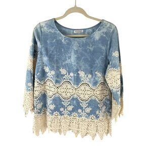 Adore Tie-Dye Embroidered Blue Top Size M Floral Lace Crochet Cotton Boho Chic